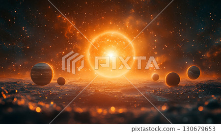 Solar system planets orbiting bright star in cosmic space, surrounded by nebula clouds and stardust. Concept of astronomy, universe exploration Solar system planets orbiting bright star in cosmic space, surrounded by nebula clouds and stardust. Concept of astronomy, universe exploration 130679653