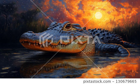 Alligator swimming in wetland at sunset with dramatic sky reflection, wildlife predator in natural habitat concept 130679665