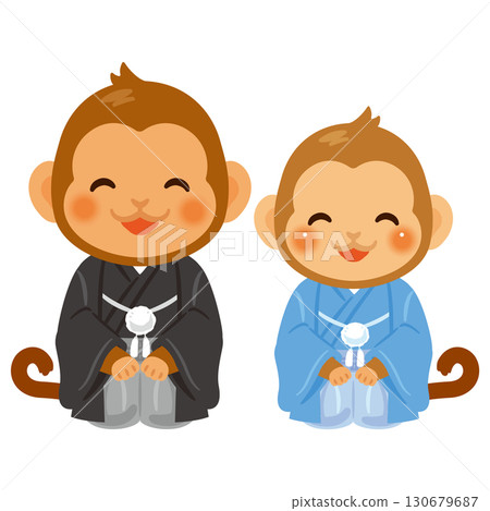 Smiling Year of the Monkey characters in their finest attire - Parent and child 130679687