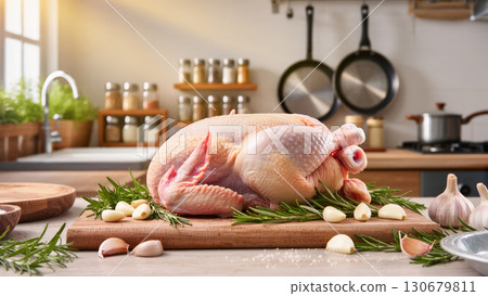 Raw whole chicken prepared for roasting with garlic and rosemary on a wooden board in a rustic kitchen interior. Raw whole chicken prepared for roasting with garlic and rosemary on a wooden board in a rustic kitchen interior. 130679811