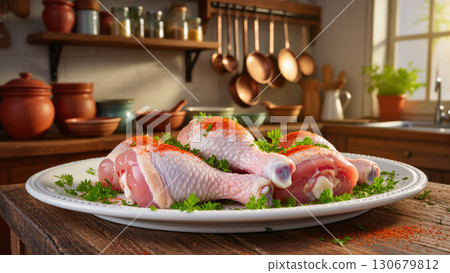 Raw chicken drumsticks with red spices and parsley served on a white plate in a rustic kitchen interior setting. 130679812