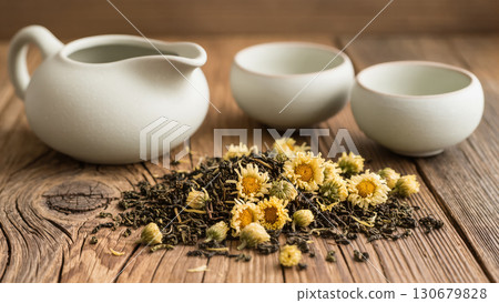 Dried chrysanthemum tea flowers with teapot and cups on rustic wooden surface, traditional herbal tea preparation scene. 130679828
