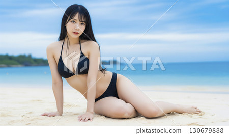 穿著比基尼的年輕女子躺在沙灘上 130679888