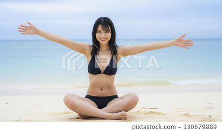 年輕女子在沙灘上穿著比基尼的照片拍攝 130679889