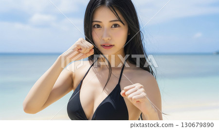 年輕女子在沙灘上穿著比基尼的照片拍攝 130679890