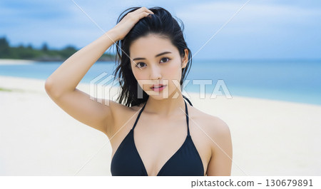 年輕女子在沙灘上穿著比基尼的照片拍攝 130679891