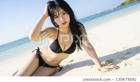 年輕女子在沙灘上穿著比基尼的照片拍攝 130679892