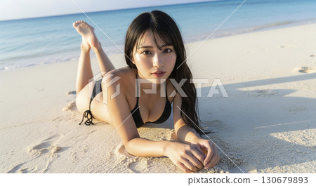 年輕女子在沙灘上穿著比基尼的照片拍攝 130679893