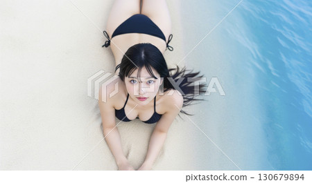 年輕女子在沙灘上穿著比基尼的照片拍攝 130679894