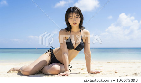 穿著比基尼的年輕女子躺在沙灘上 穿著比基尼的年輕女子躺在沙灘上 130679898