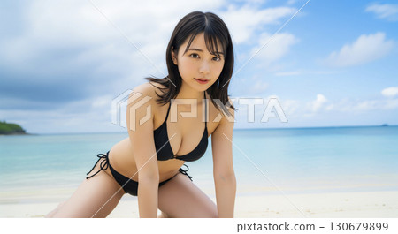 穿著比基尼的年輕女子躺在沙灘上 穿著比基尼的年輕女子躺在沙灘上 130679899