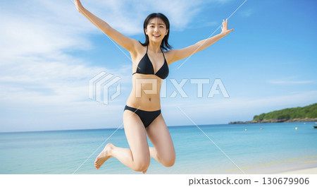 一位身穿比基尼的女子向天空張開雙臂，充滿活力地跳躍 130679906