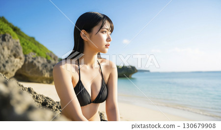 一位身穿比基尼的女子坐在岩石上凝視遠方的側面照 130679908