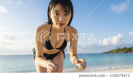 身穿比基尼的女子彎腰以自然姿勢撿貝殼 130679911