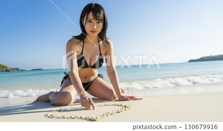 一位身穿比基尼的女子坐在海灘上,用手指在沙灘上畫了一顆心 一位身穿比基尼的女子坐在海灘上,用手指在沙灘上畫了一顆心 130679916