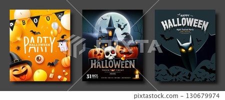 Happy Halloween party poster flyer three collections ideas design background 130679974