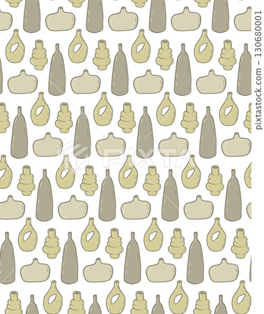 Seamless flat style pattern with abstract ceramic vases in earthy tones. Minimalist pottery background for textile, wallpaper, wrapping and modern decor. 130680001