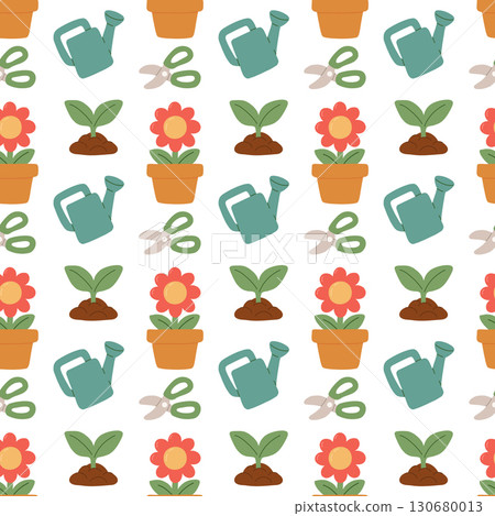 Seamless flat style gardening pattern with flowers in pots, seedlings, watering can and scissors. Spring floral background for textile, packaging, wallpaper and eco design. 130680013