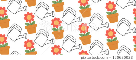 Seamless flat style gardening pattern with flower pots and outline watering cans. Floral spring background for textile, wrapping, wallpaper, childrens design and coloring pages. 130680028