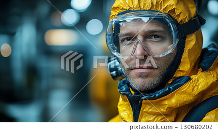 White male scientist wearing yellow hazmat suit and safety goggles during laboratory research, focused on professional protection 130680202
