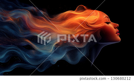 Woman profile with flowing hair transforming into ethereal waves of orange and blue light, expressing inner transformation and spiritual awakening 130680212
