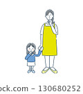 一幅簡單的線條畫，描繪了一位思考的女托兒所老師和一位幼兒園女學生 130680252
