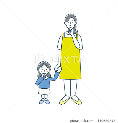 一幅簡單的線條畫,描繪了一位思考的女托兒所老師和一位幼兒園女學生 一幅簡單的線條畫,描繪了一位思考的女托兒所老師和一位幼兒園女學生 130680252