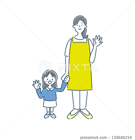 一幅簡單的線條畫,畫中一位微笑的女托兒所老師和一位揮手的幼兒園女學生 一幅簡單的線條畫,畫中一位微笑的女托兒所老師和一位揮手的幼兒園女學生 130680254