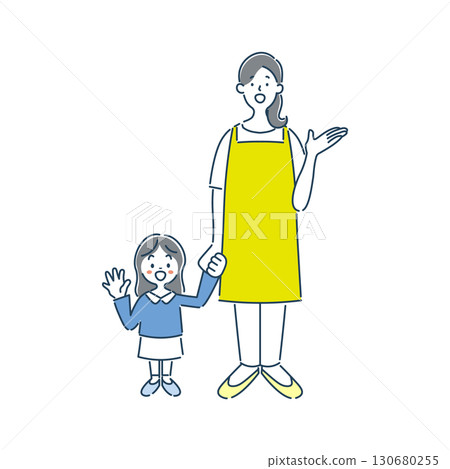 A simple line drawing illustration of a female nursery teacher and a girl kindergartener guiding 130680255