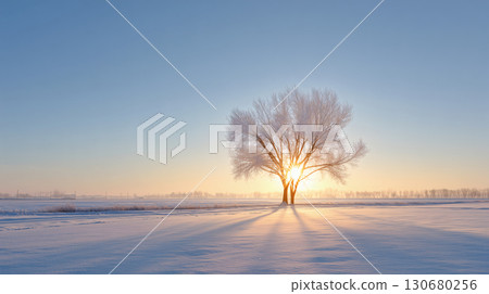 冬天雪地裡的一棵孤樹 130680256