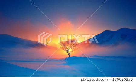 冬天雪地裡的一棵孤樹 130680259