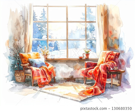 A watercolor illustration of a warm room atmosphere, softly expressing winter interiors 130680350