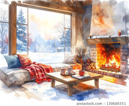 A watercolor illustration of a warm room atmosphere, softly expressing winter interiors 130680351