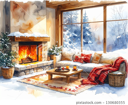溫暖的房間氛圍的水彩畫，柔和地表達冬季室內裝飾 130680355