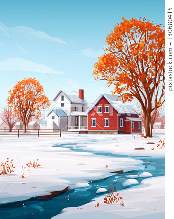 Cartoon style snowy field scene 130680415