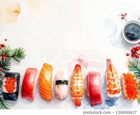 以水彩風格優雅排列的什錦壽司日本美食插畫 130680627