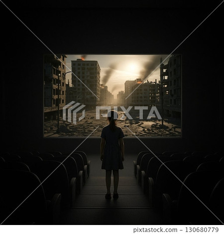 [不要戰爭！ ] 一個女孩凝視著螢幕上一座被摧毀的城市。深褐色 130680779