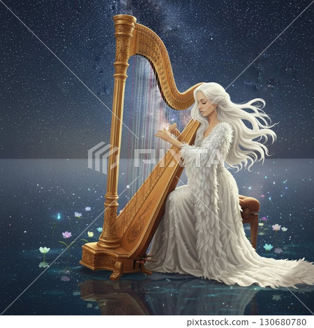 星空下彈奏七弦琴的女人 130680780