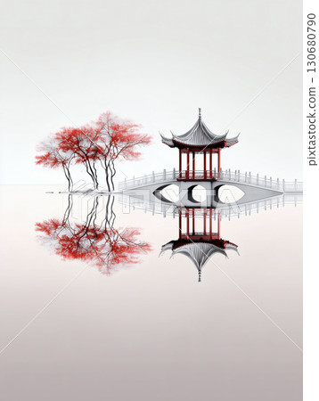 白色背景白雪紅葉拱橋涼亭 130680790