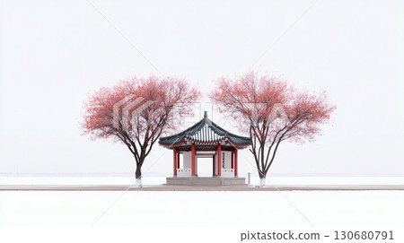 白色背景白雪紅葉拱橋涼亭 130680791