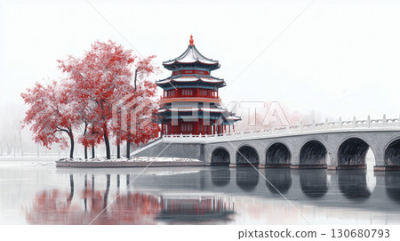 白色背景白雪紅葉拱橋涼亭 130680793