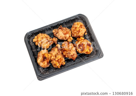 Food pack containing fried chicken thighs with fragrant bonito broth and soy sauce [white background, cutout] 130680916