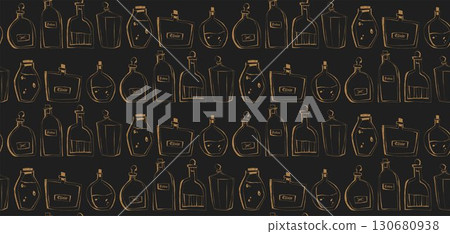 Seamless pattern with hand drawn vintage bottles and potion jars in line art style for fabric packaging wallpaper 130680938