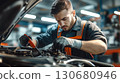 A car mechanic technician repairs a car in an auto repair shop, tools in hand and focused on the work. The concept of expertise, maintenance, and the essential role of mechanics in vehicle care. Gener 130680946