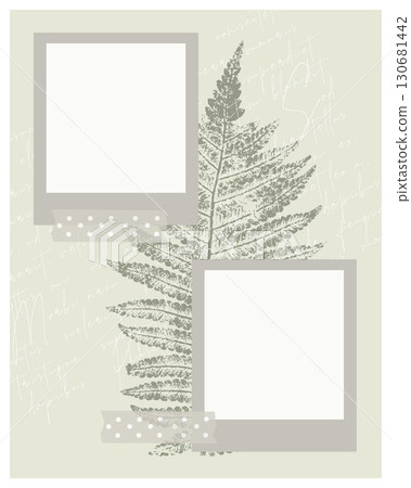 Vintage collage photo book with Fern leaf imprint, photo frames, scrapbooking. Lorem ipsum text white. 130681442