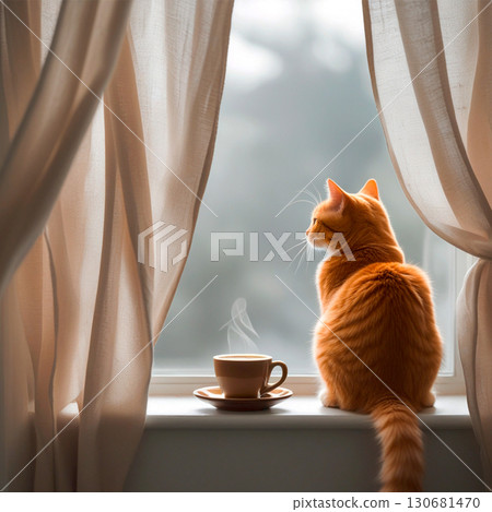 Ginger cat sits on windowsill next to cup of coffee, looking out window, through translucent curtains, in cozy morning light. AI generated 130681470