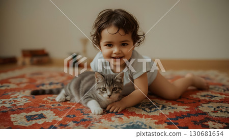 Happy child plays with a playful kitten on a colorful rug in a cozy room 130681654