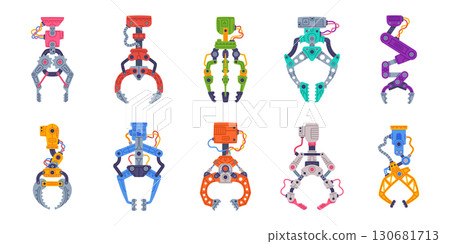 Mechanical Grips and Grabbing Machine Robotic Tool Vector Set Mechanical Grips and Grabbing Machine Robotic Tool Vector Set 130681713