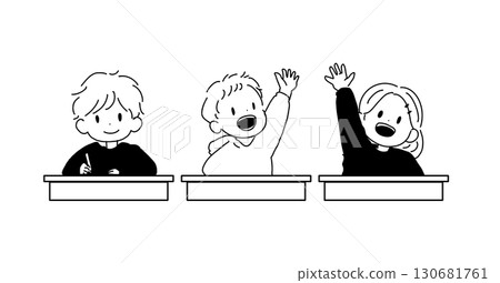 Hand-drawn vector illustration of children raising their hands (classroom/lesson scene) Hand-drawn vector illustration of children raising their hands (classroom/lesson scene) 130681761