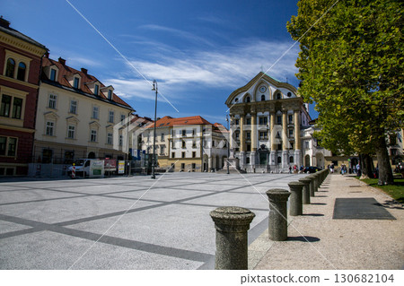 Ljubljana, Slovenia - August 15, 2019: Congress Square and the Ursulin Church of the Holy Trinity in Ljubljana 130682104